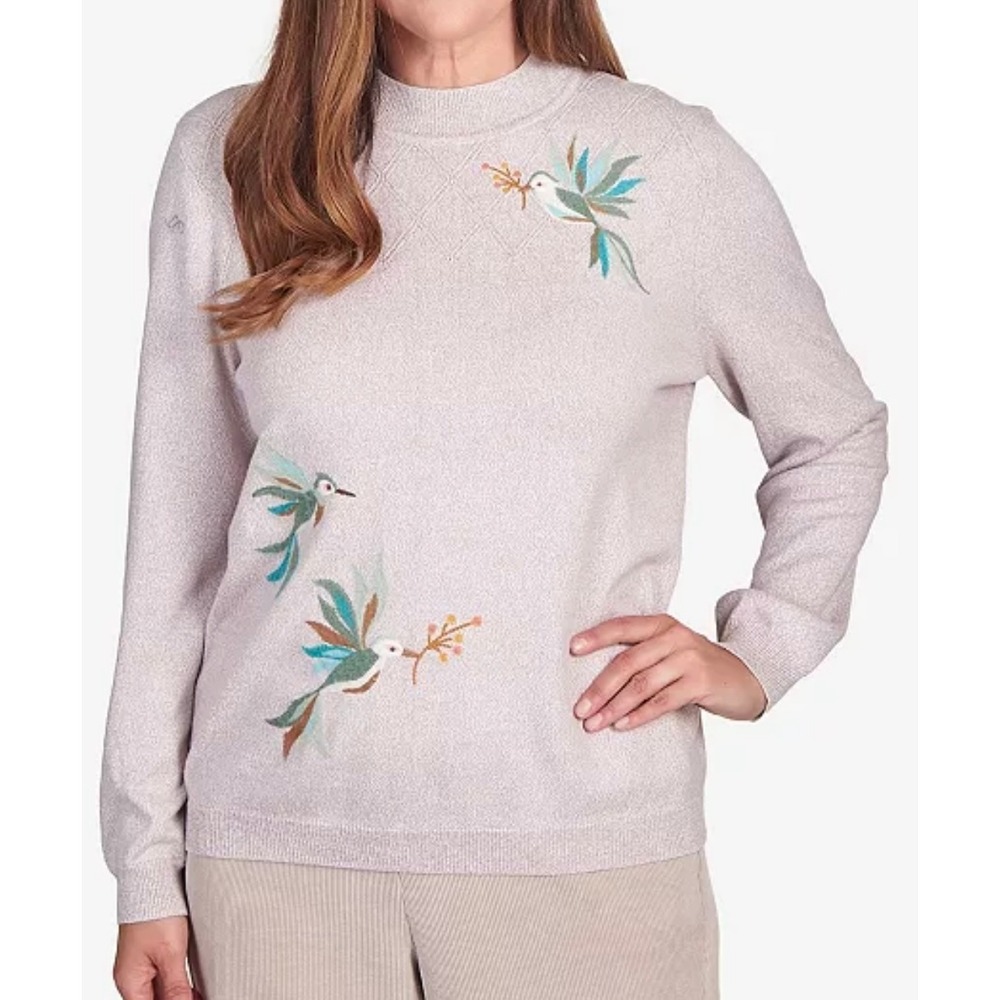 Alfred Dunner‎ St.Moritz Hummingbird Pointelle Yoke Mock Neck Sweater Size L